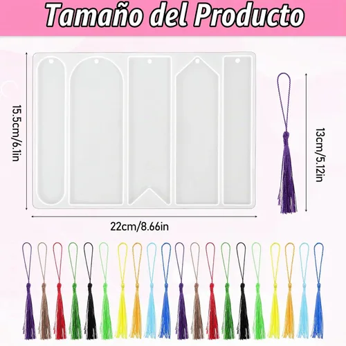 Vista 2 de Moldes de resina para marcapáginas de silicona, 5 formas y 20 piezas de borlas marcapáginas, moldes rectangulares de arco ancho, molde de silicona