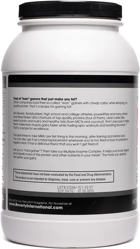 Vista 2 de Beverly International Mass Maker Ultra Chocolate, 14 Servings, 3lb. Build Lean Mass Like a Pro. Milk Protein Isolate, Whey Protein Isolate + Egg.