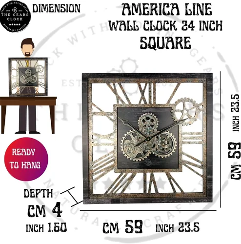 Vista 6 de ImprovingLife The Gears Clock Reloj de Pared Cuadrado de 24 Pulgadas con Engranajes Reales en Movimiento, Estilo Vintage Industrial de Gran