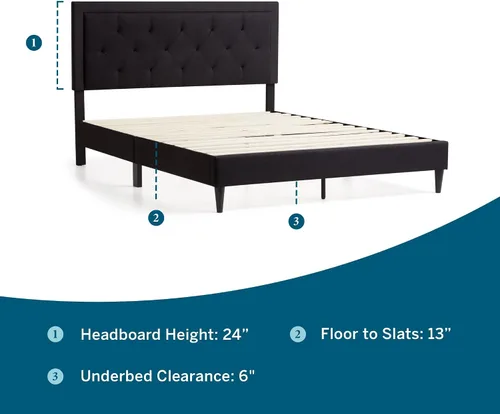Vista 2 de Lucid - Cama de plataforma tapizada con cabecera de diamante con estructura de madera resistente, no requiere somier, King, carbón