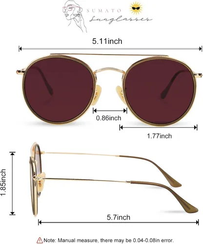 Vista 6 de Sumato Lentes de sol retro redondos de doble puente para mujeres y hombres, gemelas circulares UV400 Sunnies dorados con lente rosa, Oro con lente