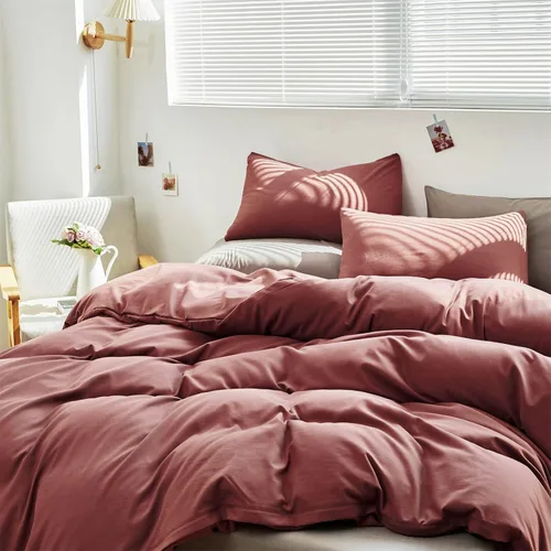 Vista 6 de Luxlovery - Juego de edredón color rojo ladrillo tamaño individual, juego de ropa de cama de 3 piezas, color rojo oscuro, suave, transpirable