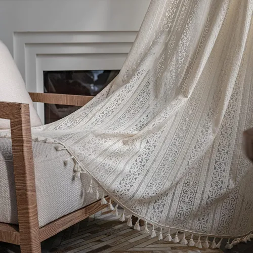 Vista 18 de Deeprove - Cortinas bohemias de 63 pulgadas de largo para dormitorio, rayas de lunares de punto hueco beige y patchwork de algodón y lino crema