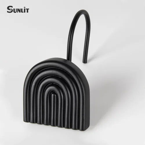 Vista 3 de Sunlit Ganchos decorativos para cortina de ducha modernos de mediados de siglo, anillos de cortina de ducha geométricos negros para baño, resina