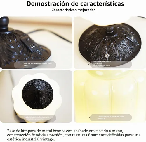 Vista 5 de Lámpara de mesa vintage de vidrio de leche con control táctil, elegante lámpara de noche de vidrio blanco regulable de 3 vías con puertos de carga