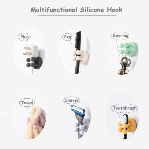 Vista 2 de 6 soportes de silicona impermeables para cepillos de dientes, ganchos autoadhesivos multifunción para colgar llaves, ropa, toalla, cable