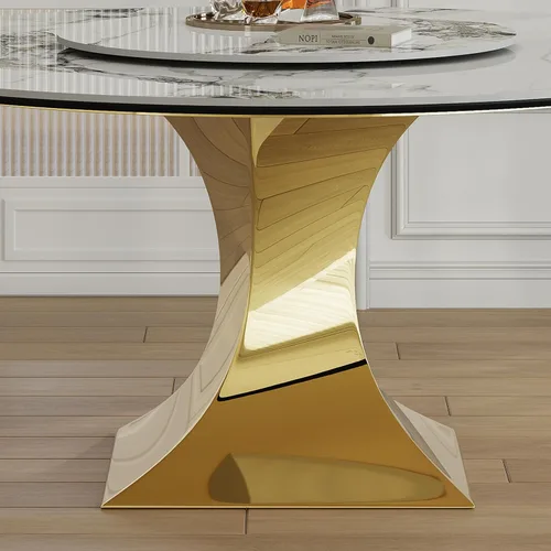 Vista 7 de Juego de mesa de comedor redonda de 9 piezas, moderna mesa de cocina de piedra sinterizada de 59 pulgadas con plato giratorio redondo de 31.5
