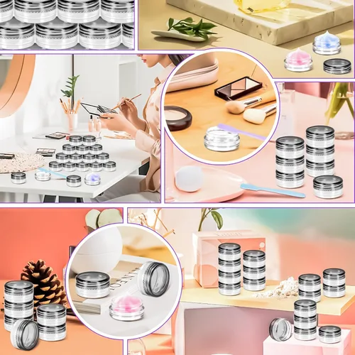 Vista 5 de 100 paquetes de botes de plástico de 3 g con tapas, botes de cosméticos redondos transparentes de 3 ml, botes de maquillaje de 3 gramos