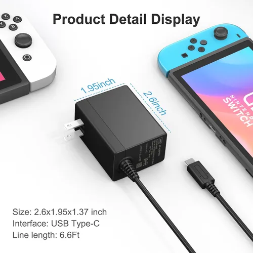 Vista 7 de 39W Charger,Compatible with Nintendo Switch with 6.6FT USB C Cord, 15V2.6A Power Supply Compatible with Nintendo Switch, Supports TV Mode and Dock