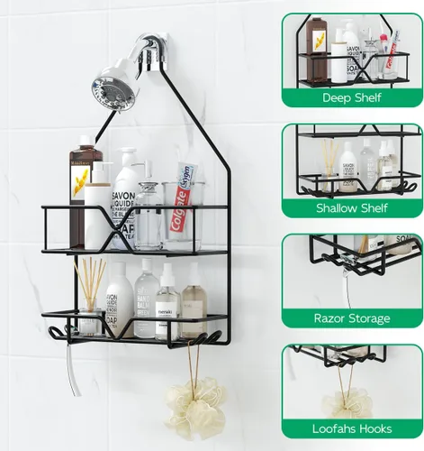 Vista 3 de TreeLen Organizador de ducha colgante estante de ducha sobre cabezal de ducha negro, colgador de baño para champú, navaja y jabón