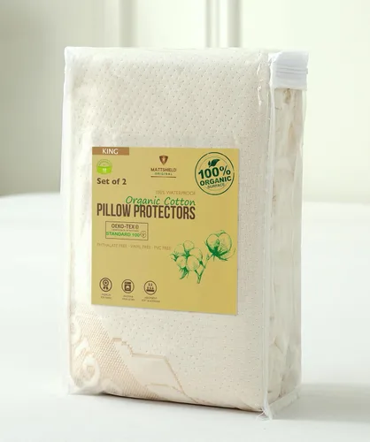 Vista 9 de Paquete de 2 protectores de almohada de algodón orgánico de lujo, estándar, certificado orgánico, impermeable, con cremallera, tela de punto suave
