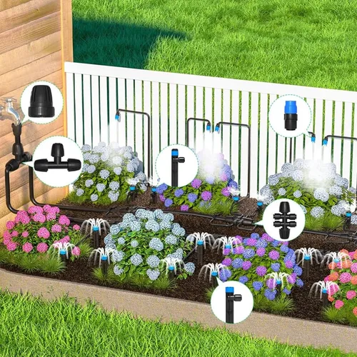 Vista 2 de Kit automático de riego por goteo para invernadero, patio y jardín, sistema de riego por micronebulización con boquillas ajustables, temporizador