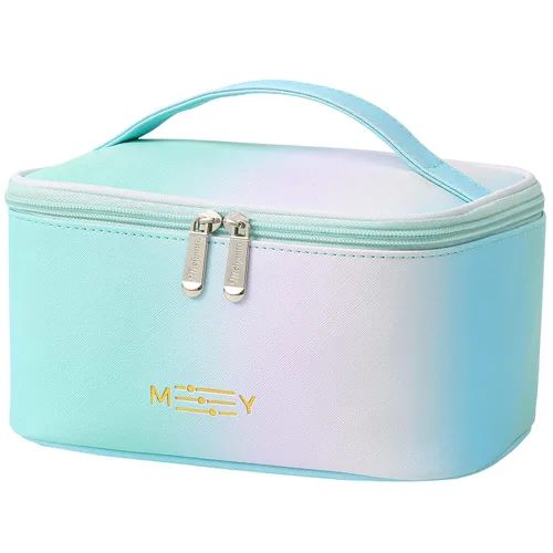 Vista 24 de Bolsa de maquillaje pequeña para mujeres, con cremallera, organizador, impermeable, bonita (azul claro)