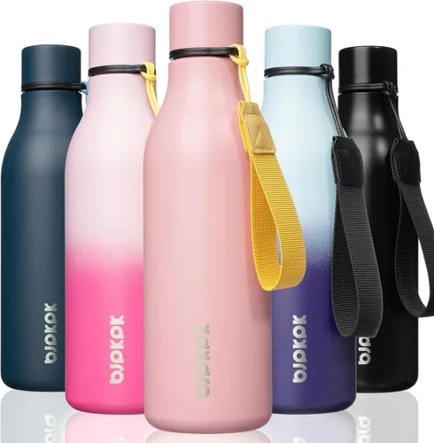 Vista 19 de BJPKPK Botellas de agua aisladas, botella de agua de metal de acero inoxidable de 12 onzas con correa, sin BPA a prueba de fugas, jarras, tazas