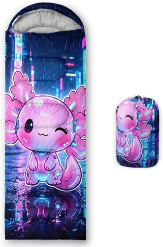 Vista 38 de QOOMO Axolotl - Lindos sacos de dormir para campamento, 3 estaciones, clima cálido y fresco, ligeros, impermeables, para adultos y niños, viajes