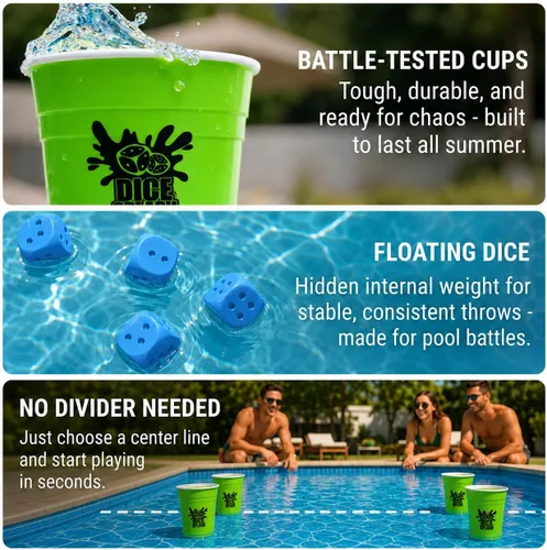 Vista 3 de Competitive Pool Game for Adults, 2–4 Players, Oversized Floating Dice Set with Cups & 20ft Pool Divider No Divider