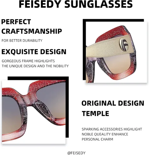 Vista 5 de Feisedy B2276 Gafas de sol cuadradas de gran tamaño con marco de brillantina multicolor