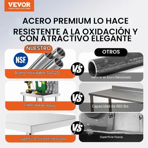 Vista 2 de Vevor Mesa de trabajo de acero inoxidable con ruedas de 24 x 12 x 32 pulgadas, mesa de preparación con 4 ruedas, mesa de trabajo resistente