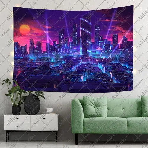 Vista 5 de Aidatain Tapiz de ciudad punk con paisaje urbano fresco para niños, tapiz tecnológico de franela de tamaño pequeño de 60 x 40 pulgadas, tapiz