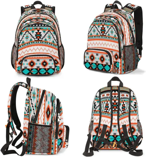 Vista 7 de Mochilas escolares para mujeres y hombres - Elegante mochila escolar universitaria - Mochilas de viaje resistentes al agua para niñas y niños, Azteca