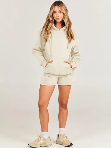 Vista 7 de ANRABESS Conjunto de 2 piezas para mujer, sudadera corta con cordón y capucha de gran tamaño, conjunto a juego