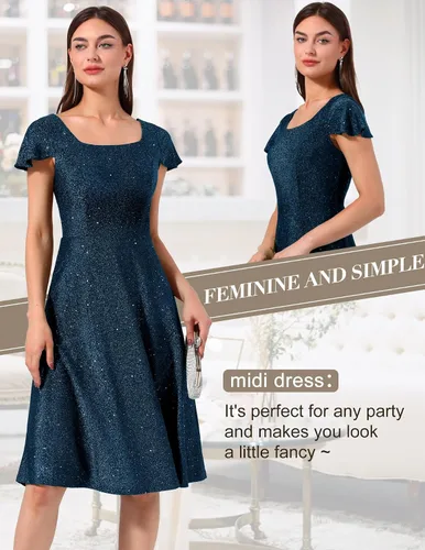 Vista 3 de BeryLove Vestido de fiesta formal de lentejuelas para adolescentes, vestido de fiesta formal de manga corta para boda, cóctel, vestido de noche