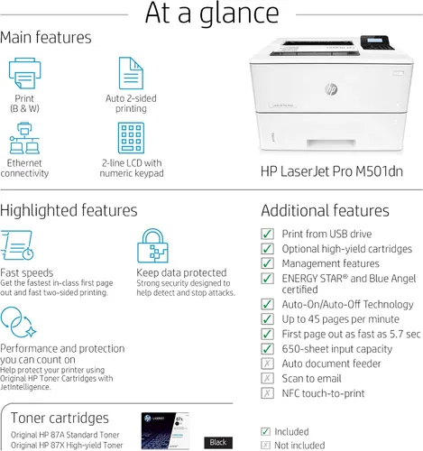 Vista 5 de HP LaserJet Pro M501dn Impresora dúplex con garantía in situ de un año, al siguiente día laborable (J8H61A)
