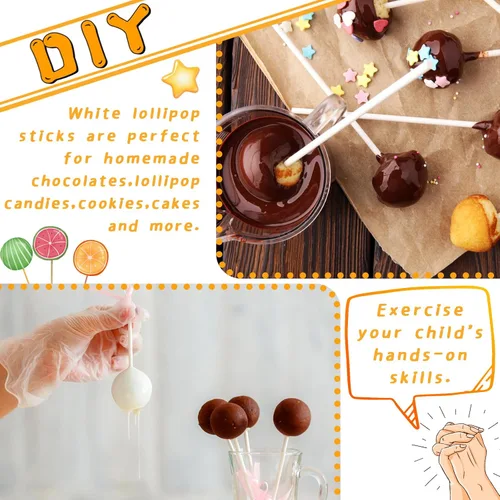 Vista 4 de 100 palitos de piruleta blancos de 6 pulgadas, palitos de papel de piruleta, palitos de papel para cupcakes, dulces caseros, chocolate, postre
