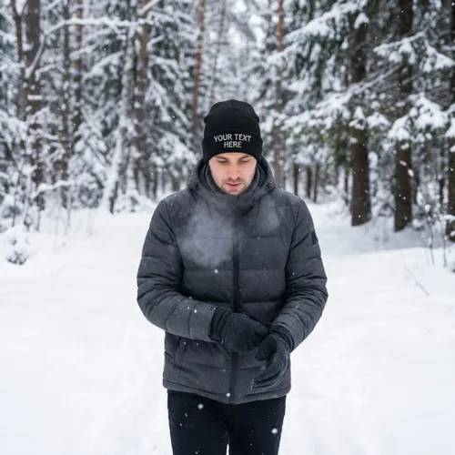 Vista 4 de Gorro de invierno para hombres y mujeres, gorro de acrílico con texto personalizado personalizado Negro