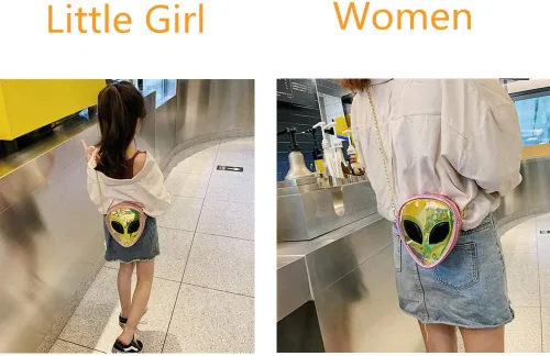 Vista 7 de ZGMYC Bolso cruzado de holograma con patrón alienígena con purpurina y correa de cadena para niños, adolescentes, niñas y mujeres, Rosado