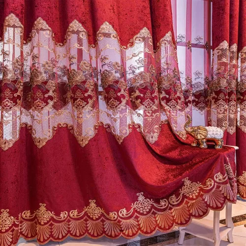 Vista 2 de ELKCA Cortina de felpilla bordada en rojo burdeos para sala de estar, cortinas florales de felpilla de lujo para dormitorio, ojales en la parte