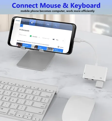 Vista 4 de Adaptador USB C a USB para MacBook, divisor USB C a USB-A OTG 3 en 1 con conector de audio de 0.138 in y puerto de carga rápida PD compatible