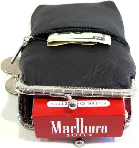 Vista 5 de Las mujeres 100% puro cuero cigarrillo caso encendedor partido bolsillo cremallera moneda bolsa -4 color (negro)