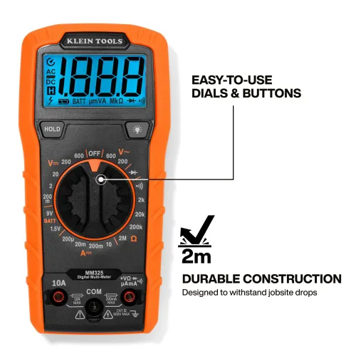 Vista 6 de Klein Tools 80196 Kit de multímetro digital con estuche, probador de voltaje CA/CC de rango manual de 600V, prueba baterías, corriente, resistencia