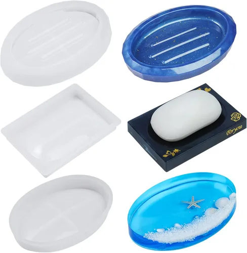 Vista 9 de NiArt Paquete de 2 jaboneras ovaladas y rectangulares facetadas, molde de silicona de resina epoxi+kit de lentejuelas de estrella, bandeja