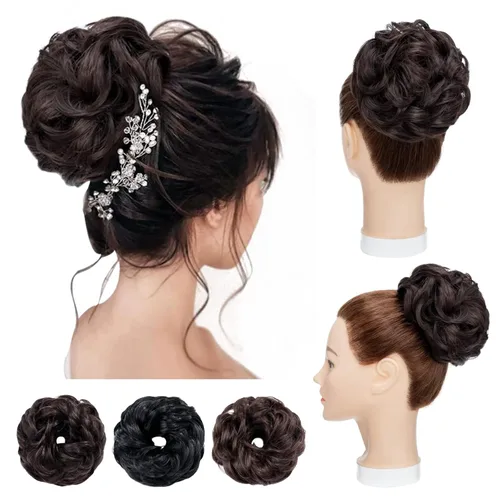 Vista 9 de Hairro Pieza de pelo para mujer, moño desordenado, esponjoso, despeinado, recogido, ombré, coleteros sintéticos, dona, elástico, para boda, novia