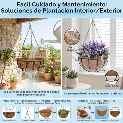 Vista 4 de Kingbuy - Cesta colgante para flores o plantas, con cadena, para la casa o el balcón, elemento decorativo