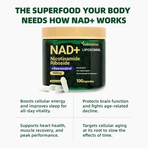 Vista 4 de Suplemento NAD+ con ribósido de nicotinamida y resveratrol 900 mg – Apoyo antienvejecimiento para mujeres y hombres, alternativa NMN, vegano sin OMG