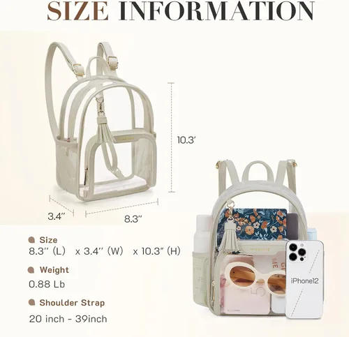 Vista 16 de Missnine Mochila transparente aprobada para estadios, mini bolsa transparente de PVC grueso con ribete de cuero para eventos deportivos, conciertos