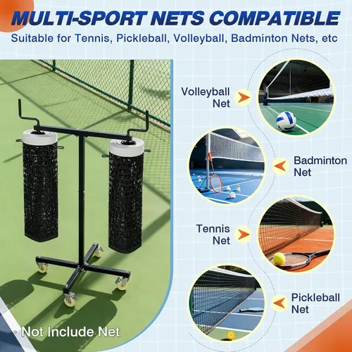 Vista 6 de Estante de almacenamiento de red deportiva móvil con ruedas con bloqueo, soporte resistente para voleibol, tenis, pickleball, redes de bádminton