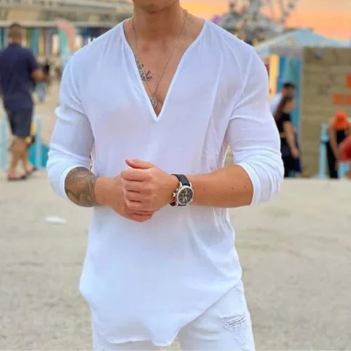 Vista 2 de Rela Bota Camisa hawaiana con cuello en V para hombre, camisas hippie de color liso, camisa Henley para yoga, ropa de playa