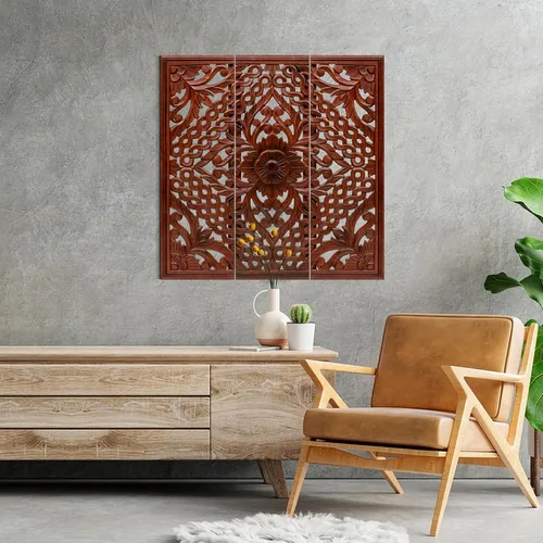 Vista 6 de Light & Pro Arte de pared marroquí-chino, juego de 3 paneles florales hechos a mano de 36 x 12 pulgadas para sala de estar, dormitorio y pasillo