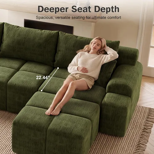 Vista 5 de Vipbear 120" Oversized Modular Sectional Sofa, Boneless Couch for Living Room, L Shape Deep Seat Sofa with Ottoman, Throw Pillows, Comfy Chenille