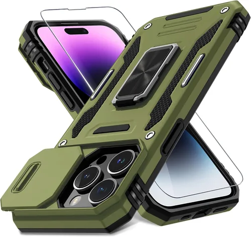 Vista 164 de DEERLAMN Funda para iPhone Xs Max con funda deslizante para cámara + protector de pantalla, soporte giratorio de anillo de grado militar a prueba
