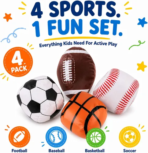 Vista 2 de Liberty Imports Paquete de 4 pelotas deportivas de peluche suave de 5 pulgadas para niños, niños pequeños, fútbol, béisbol, baloncesto, fútbol