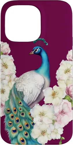 Vista 21 de iPhone 16 Peacock Bird with Long Feathers Watercolor Flowers Case