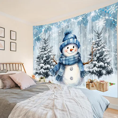 Vista 3 de HVEST Tapiz navideño de invierno para colgar en la pared, muñeco de nieve divertido con sombrero azul y tapices de regalo de Navidad, tapiz de pino