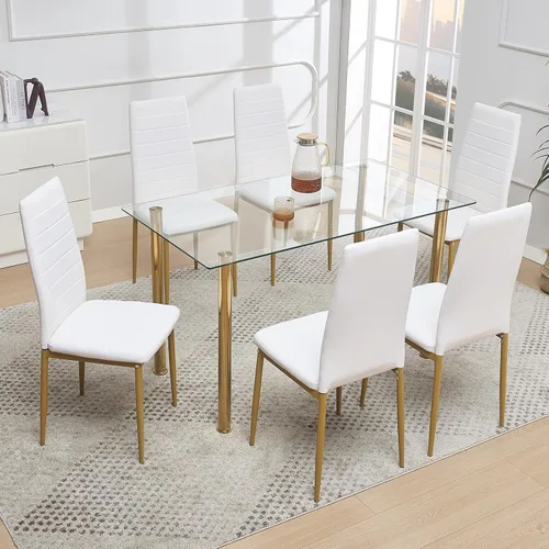 Vista 9 de Juego de comedor de cristal de 5 piezas dorado para 4, mesa de cocina rectangular con 4 sillas de piel sintética, juego de mesa de comedor compacto