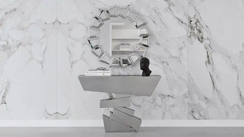 Vista 3 de ZURI Muebles de Naxos moderna mesa de consola con acabado de cristal con diseño geométrico agudo