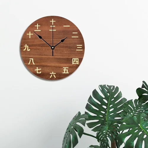 Vista 4 de Reloj de pared con números Kanji vintage, estilo rústico, elegante, de madera, 10 silenciosos, sin tictac, de cuarzo, funciona con pilas, para sala